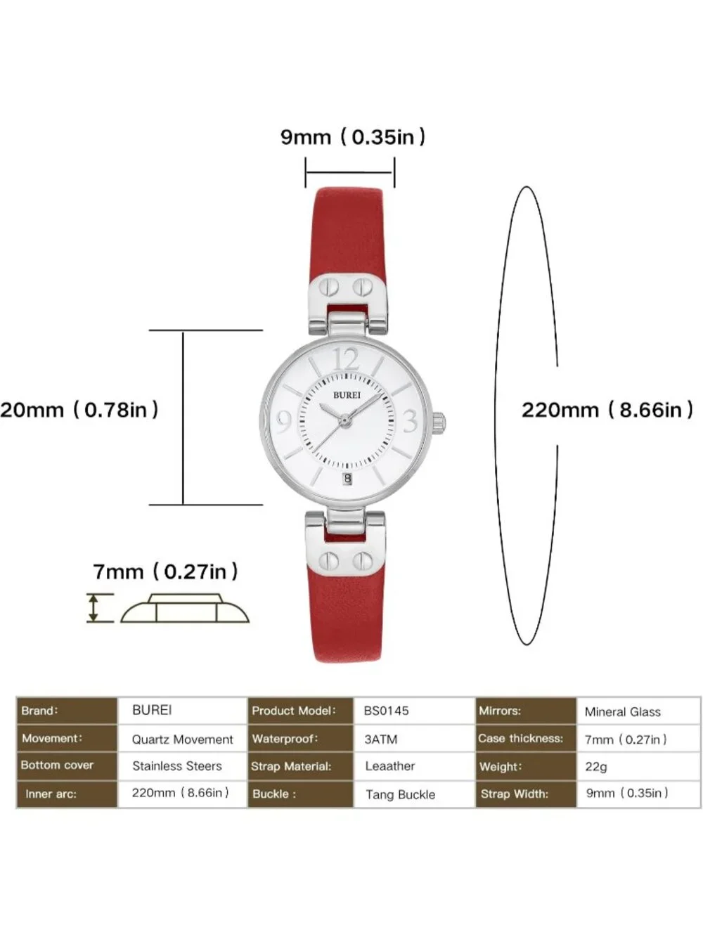 Women's Silver Red Gold Elegant Dial with Leather Strap Minimalist Wrist Watch